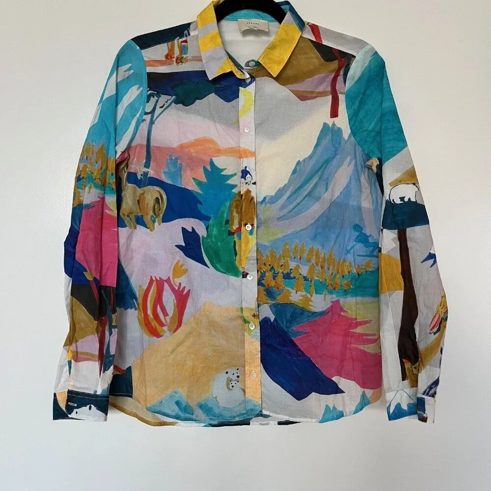 Sezane x G Kero Pierro Multicolor Print Silk Shirt, Size 36 - Picture 4 of 5